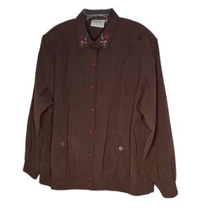Adeline by Alfred Dunner Blazer Womens 14 VTG Brown Corduroy Embroidered